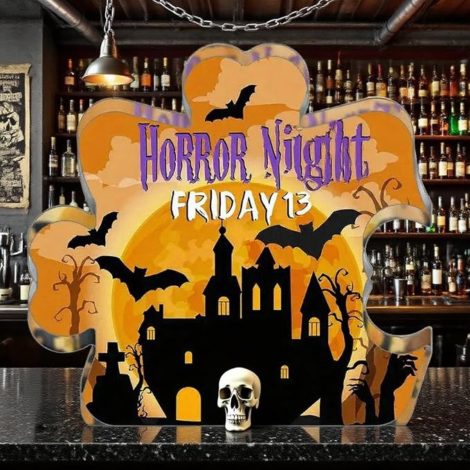 Happy Halloween Decor Acrylic Puzzle-Shaped Desk Sign Plaque Decorations Present Gifts Halloween Horror Night Bat & Castle Pattern Designs for Home and Office Desktop Ornaments Supplies