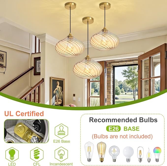 11in Gold Pendant Lights Kitchen Island with Amber Glass Shade 1Pack | Handcrafted Glass Pendant Light Fixtures, UL Certified, E26 Base 100W Max, Height-Adjustable, Dimmable Hanging Pendant Light