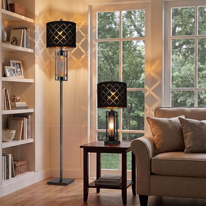 74'' Floor Lamp with Nightlamp, Modern Black Tall Standing Lamp, Metal Base | Gold-Brushed Black Lamp Body, Rotary Switch,Upgraded Model Height,Black Grid Lampshade,Heavy-duty Base,Floor Lamp for Bedroom