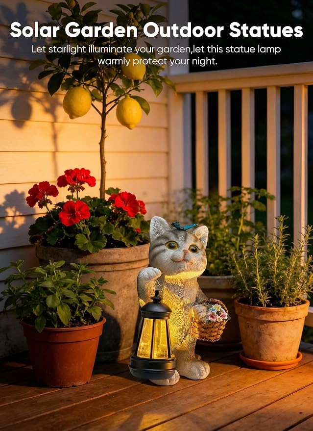 Brightown Solar Cat Garden Decor Statue with Solar Lantern Light, Hand-Painted Resin, IP65 Waterproof Outdoor Decor for Patio, Balcony & Yard Decorations, Unique Mothers Day Gifts for Mom Women