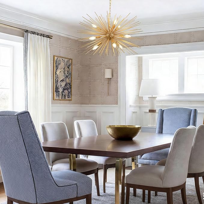 29" Modern Sputnik Chandelier 9-Lights Mid Century Modern Starburst Golden Chandelier Luxury Gold Solid Metal Sputnik Satellite Chandeliers for Dining Room, Kitchen Island, Bedroom
