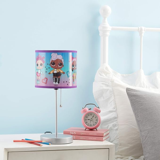 LOL Surprise Kids Stick Table Lamp,Pull Chain On/Off with Themed Printed Decorative Shade, Bedroom & Playroom Lighting