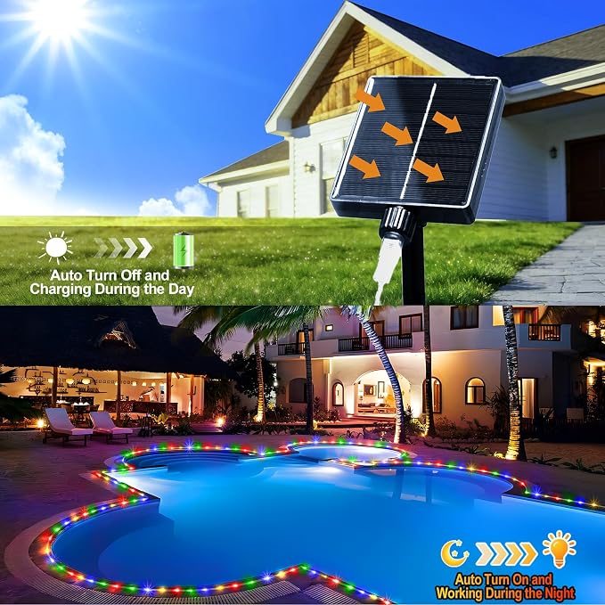 KNONEW Solar Rope Lights Outdoor 300LED 50FT Solar String Lights Outside Waterproof with Modes Clear Thin Tube for Pool Tree Patio Garden Fence Camping Yard Deck Trampoline（Multicolor）