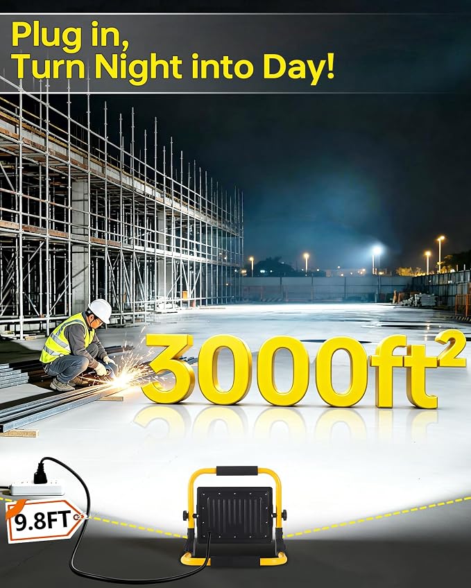 2 Pack 7200LM LED Work Light with Switch, IP66 for Garage Workshop | 60W Flood Light Outdoor, Portable Job Site Lighting with Stand, 5000K Daylight Worklight for Construction Car Repairing