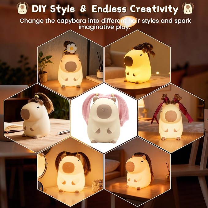 FAMIDUO Cute Capybara Night Light, DIY Hairstyle & Squishy Silicone Lamp | Rechargeable Tap-Control Bedside Lamp,Soft Squishy Silicone Nursery Light for Boys & Girls,Cute Room Decor,Funny Xmas Gift