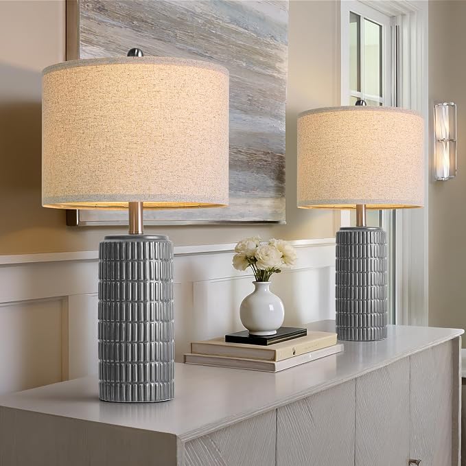 PoKat 23" Ceramic Dark Gray Table Lamps Set of 2 for Living Room, Modern Bedside Lamps for Bedroom, Farmhouse Nightstand Lamp for Home Office Guest Room Sideboard Entryway Decor Gifts