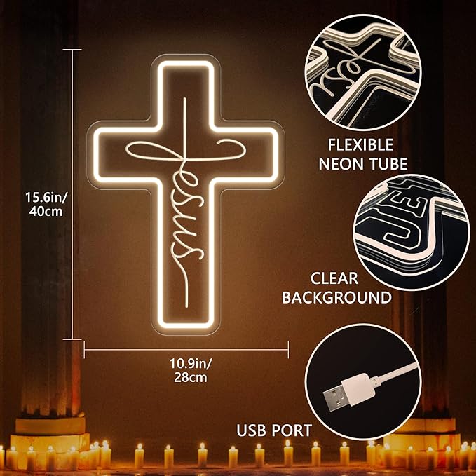 Cross Neon Signs Jesus Neon Signs LED Wall Decor for Bedroom Living Room Weddings, Dimmable Light Sign for Home Decor, Religious Events, Christmas Easter Celebrations Gifts (Jesus Cross)