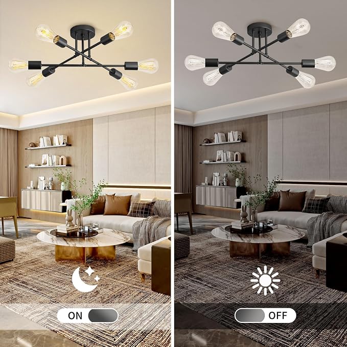 6-Light Modern Metal Ceiling Light, Black Sputnik Dining Room Light Fixture | 22" Modern Sputnik Ceiling Light Fixture with E26 Base, Chandelier Light Fixtures Ceiling Mount for Bedroom Living Room
