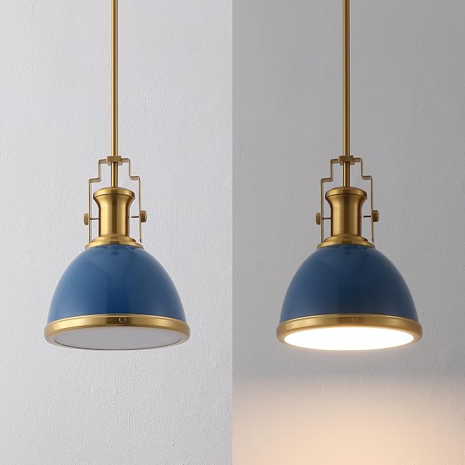 JONATHAN Y Homer Industrial Dome Pendant 10", Navy/Brass Gold | 1-Light, Farmhouse Style, Adjustable Hanging Height, Glass Diffuser, Sloped Ceiling Compatible, Metal, LED Bulb Included
