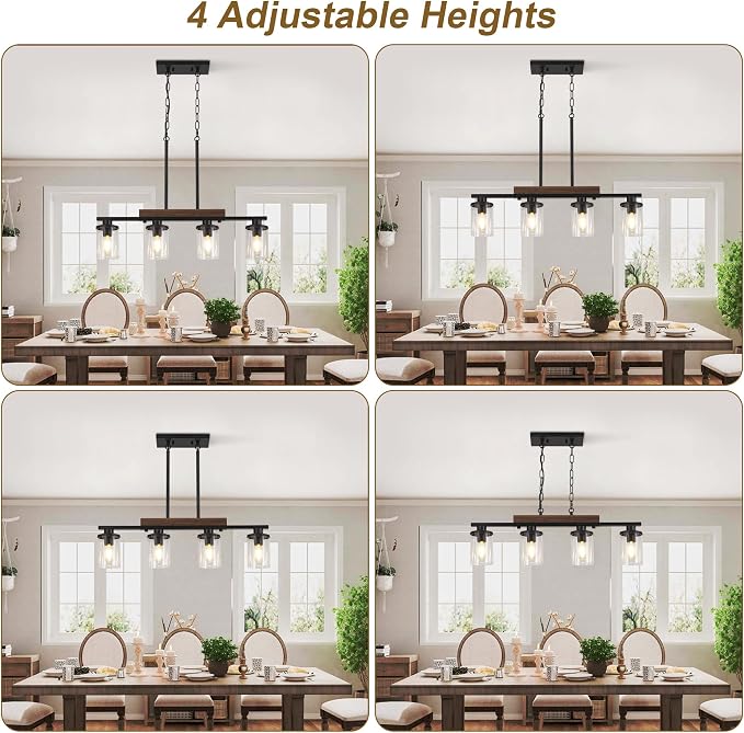 29.3" Farmhouse Dining Room Fixture Over Table, Black Chandelier | 4-Light, Modern Rustic Wood Frame, Adjustable Height, Clear Glass Shade, Ceiling Pendant Lighting for Kitchen Island
