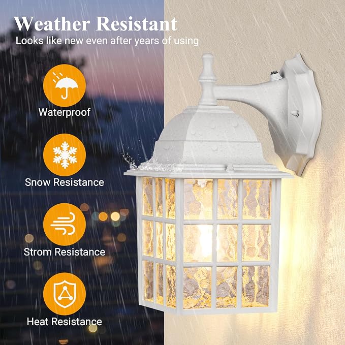 Dusk to Dawn Outdoor Light Fixture, 2 Pack Porch Lights Wall Mount, White | Aluminum Frame, Water Rippled Glass, Waterproof, E26, Sensor Exterior Lighting Fixtures, Wall Sconce For Garage, Front Door