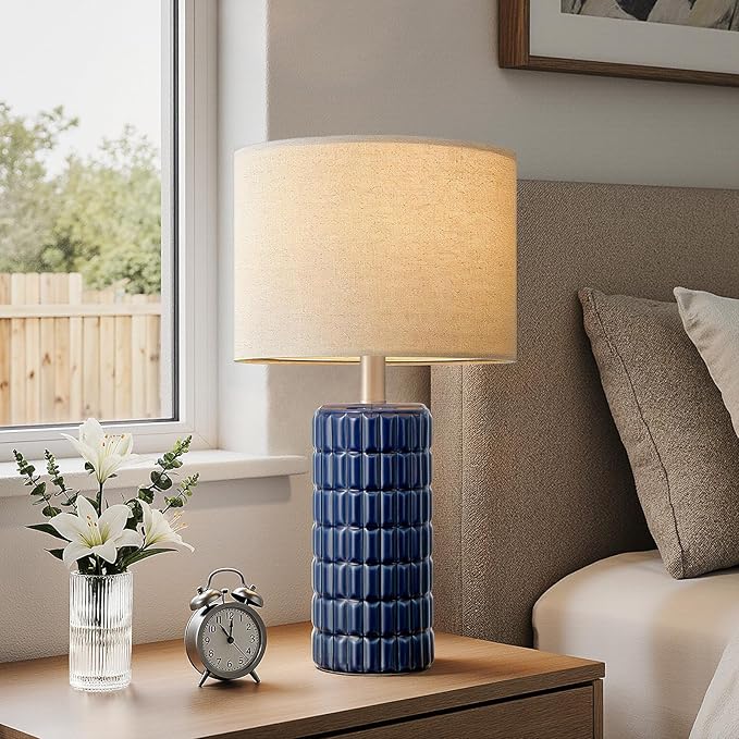 23" Modern Ceramic Table Lamps Set of 2 - Table Lamps for Living room, Farmhouse Bedside Night Stands Lamp for Bedroom, White Boho Nightstand Lamps Set of 2, Desk Lamp for End Table Home Decor(Blue)