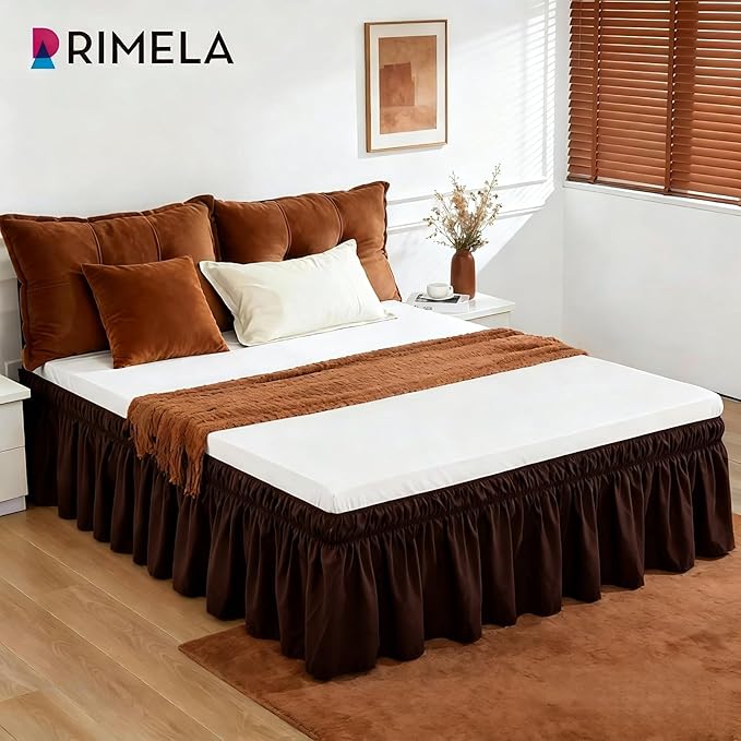RIMELA Bed Skirt Queen Size 15 Inch Drop, Elastic Bed Skirting for Bed Base and Frame, Bedding Dust Ruffle Easy to Install, Wrap Around Adjustable Bedskirt, Chocolate Brown