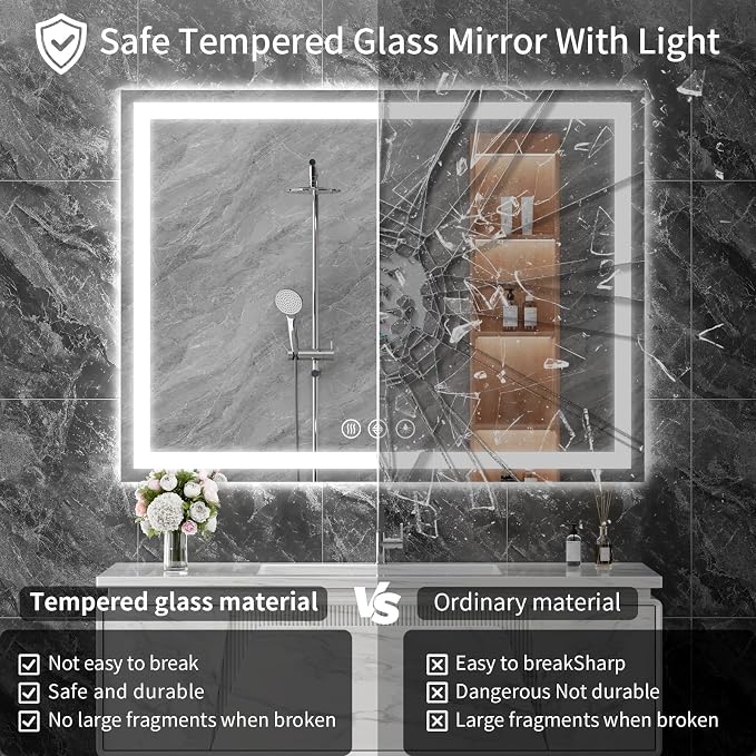 Koonmi 60x36 LED Bathroom Mirror with Light, Anti-Fog, 3 Colors | Backlit + Front Lit, Dimmable Brightness, Shatterproof HD Distortion-Free Tempered Glass, Hardware Included