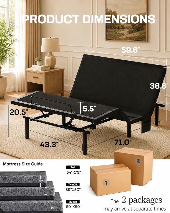 Marsail MS01-1 Full Adjustable Bed Frame with Massage + 10-inch Gel Memory Foam Mattress, Adjustable Bed Base with Under-Bed Nightlight, Wireless Control Massage Adjustable Bed, Full