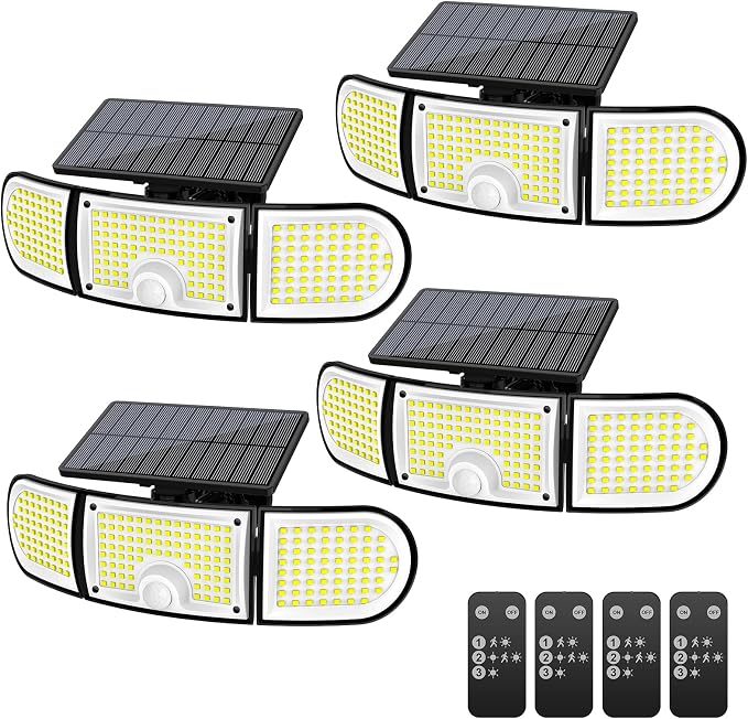 Solar Motion Sensor Lights Outdoor, 3000LM 3 Adjustable Heads Security Flood Light with Remote Control, IP65 Waterproof 270° Wide Angle Solar Wall Lights for Garage Yard Patio Driveway, 4 Pack