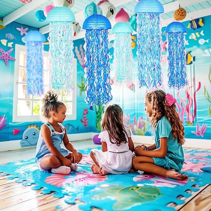 10" Blue Hanging Jellyfish Paper Lanterns - Under the Sea Party & Mermaid Birthday Decorations, Baby Shower, Nautical Events, Ocean Theme Classroom & Beach Room Decor (Set of 6)