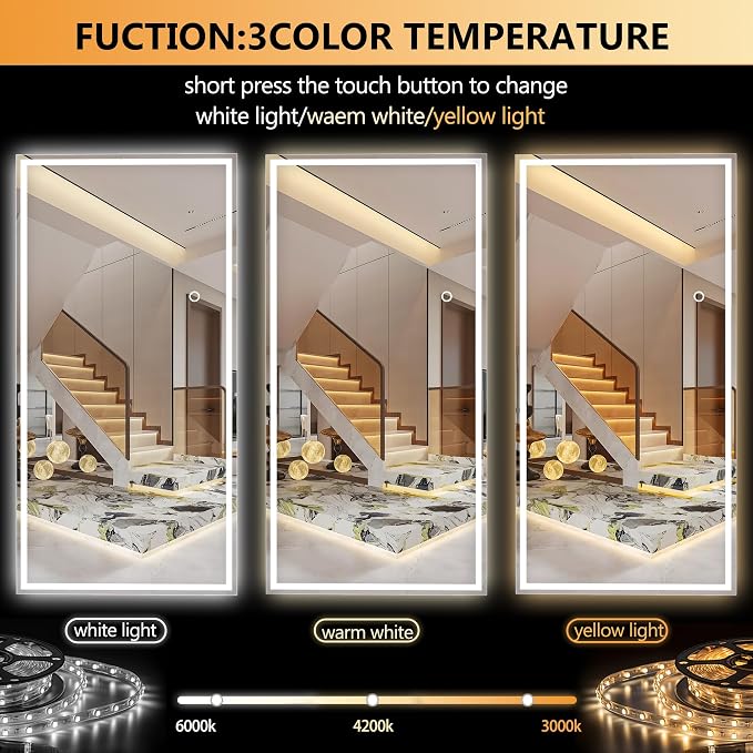 Hasipu Full Length Mirror with Lights, 79" x 36" LED Lighted Floor Standing, Full Body Dressing Hanging Mounted Mirror, Tempered Glass, Square White