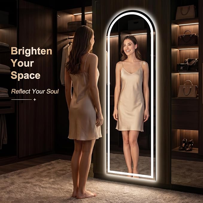 LED Arched Full Length Mirror, 65"x21" Full Body Mirror with Lights, Dimmable & 3 Color Lighting, Standing/Leaning/Wall Mounted Vanity Mirror for Bedroom, Dressing Room, Living Room