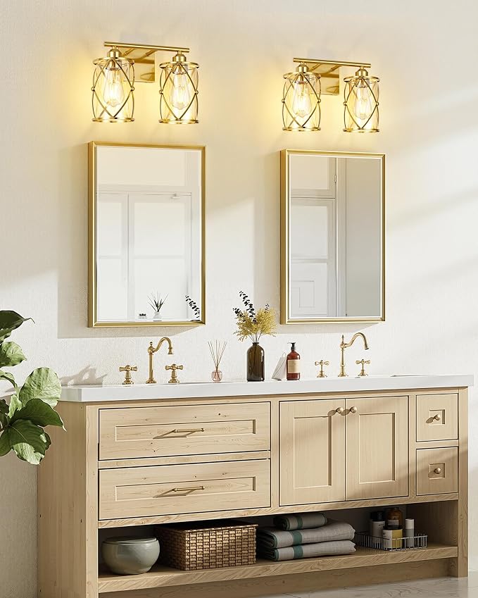 2-Light Brushed Gold Bathroom Light Fixtures, 13.8 Inch Modern Bathroom Vanity Lighting Fixtures Over Mirror with Clear Glass and Metal Cage Wall Sconce Lights for Bath, E26, CH9176BG-2W