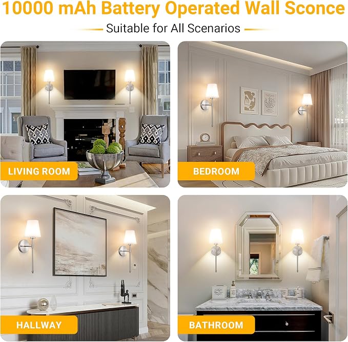 Vimhou Peel and Stick Wall Sconces, Stick On Wall Sconce Set of 2, Battery Operated Wireless Wall Light, No Drill Adhesive Wall Lamp, Corn Bulb with 10000mAh Rechargeable Battery, Bedroom Wall Decor