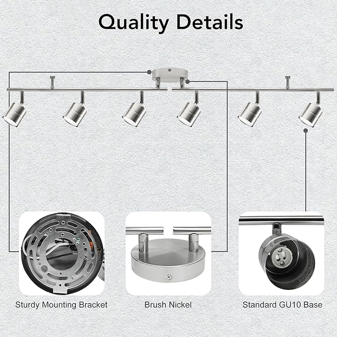 6-Light Brushed Nickel Track Lighting Kit with GU10 LED Bulbs - 44.5” Adjustable Ceiling Spotlight Fixture, 270° Swivel & 90° Tilt for Kitchen, Living Room, Dining Room, Gallery Display