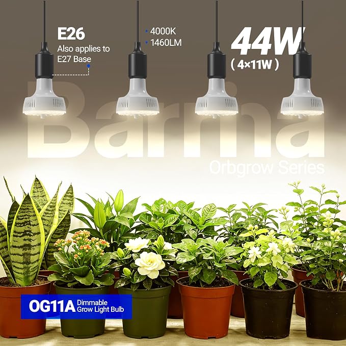 Barrina OG11A Grow Light Bulbs for Indoor Plant, 4000K 11W, 4 Packs, White | Integrated Dimming & Timing, E26 Plant Light Bulb, Full Spectrum, High PPFD for Seeds and Greens