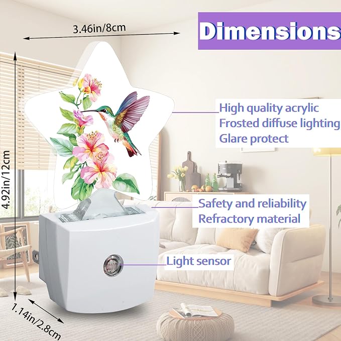 Hummingbird Night Lights Plug Into Wall,Spring Flower Dusk to Dawn Light Sensor Night Light for Kids, Energy Efficient Sleep Friendly Lamp for Bedroom Bathroom Nursery