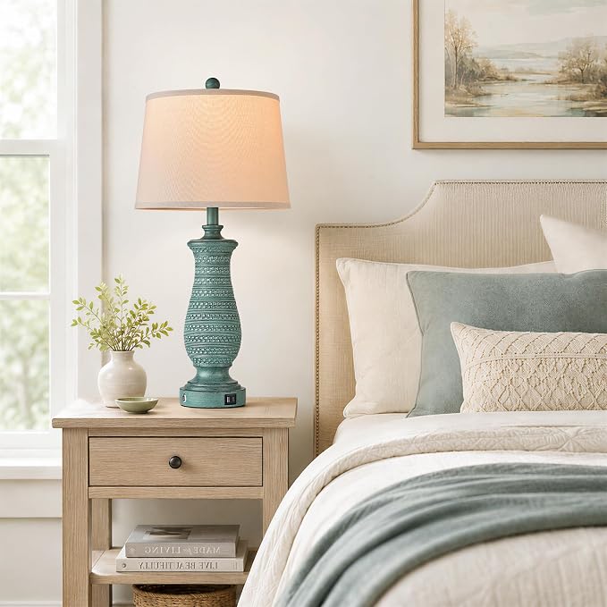 Living Room Lamps Set of 2, Table Lamps for Bedroom, Farmhouse Lamps for Nightstand with Oatmeal Linen Lampshade (Peacock Blue)