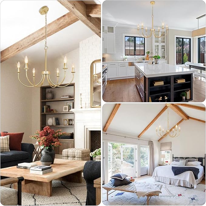 Modern Gold Chandelier, 6-Light Metal Farmhouse Dining Room Light Fixture, Candle Chandelier Light Fixtures Rustic Industrial Modern Chandelier for Bedroom, Foyer, Living Room