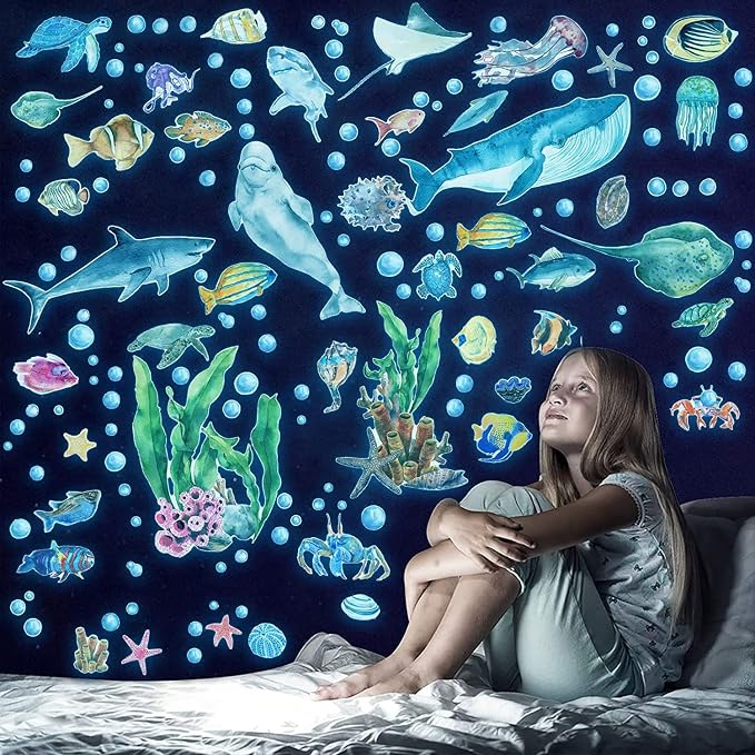 Glow in The Dark Wall Decals, Under The Sea Wall Sticker Decals Decor | Watercolor Creatures Decor Sea Life Animals Waterproof Stick Wall Decal for Kids Boys Bedroom