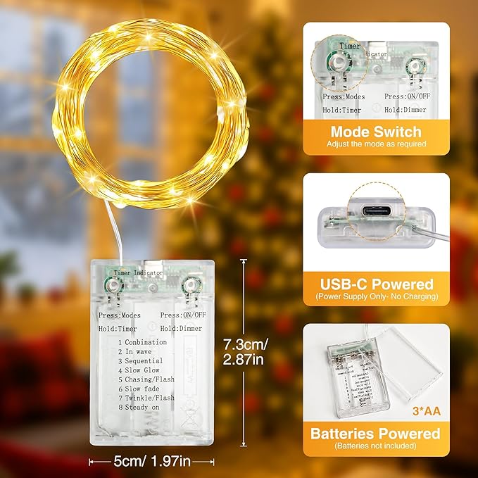 4 Pack 16FT 50 LED Fairy Lights Battery Operated with Timer, 8 Modes USB Mini Twinkle Light, Small String Lights for Christmas Tree Wreath Vase Bedroom DIY Wedding Decorations-Warm White