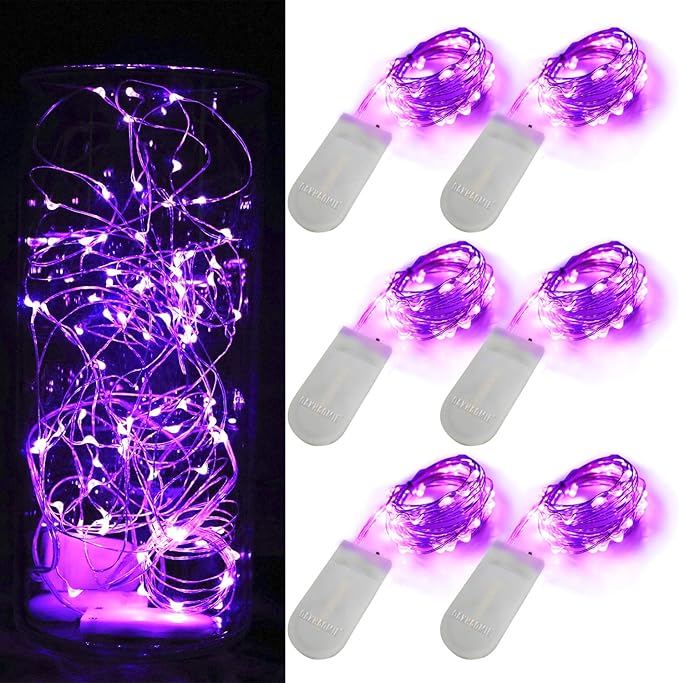 6 Pack Fairy Lights Battery Operated 10ft Silver Wire 30 LEDs Purple | No Remote,Battery Operated Fairy Lights,Waterproof Silver Wire, Micro Starry Lights for DIY Wedding Centerpiece Table Décor