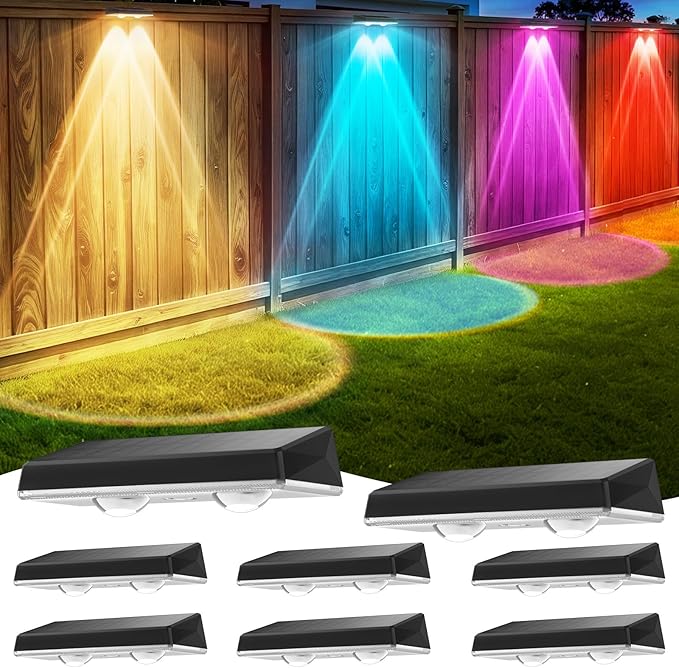 Dusk to Dawn Solar Fence Lights 7 Fixed Colors and RGB Waterproof Solar Deck Light ON/Off Push Switch Outdoor Solar Wall Lights for Outside/Backyard/Step/Patio/Pool, 8PACK
