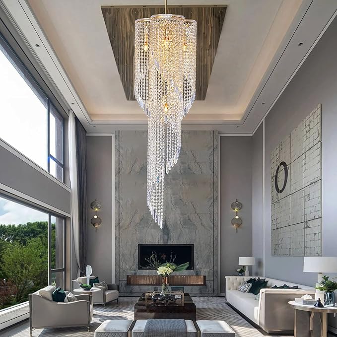 High Ceiling Chandeliers for Entryway Gold Spiral Crystal Chandelier Large Foyer Chandelier 6 Lights Modern Raindrop Chandelier for Villa Staircase, K9 Pendant Light Fixtures D17.7'' x H49.2''