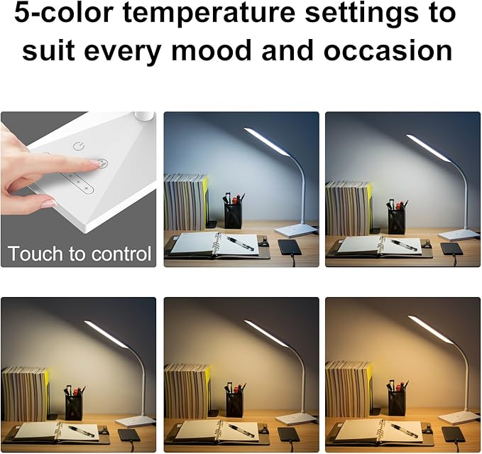 LED Desk Lamp, 12W Dimmable Table Lamp Eye-Caring Reading Light with USB Charging Port Touch Control 5 Color Modes 7-Level Brightness Adjustable for Office Home Bedroom (White)
