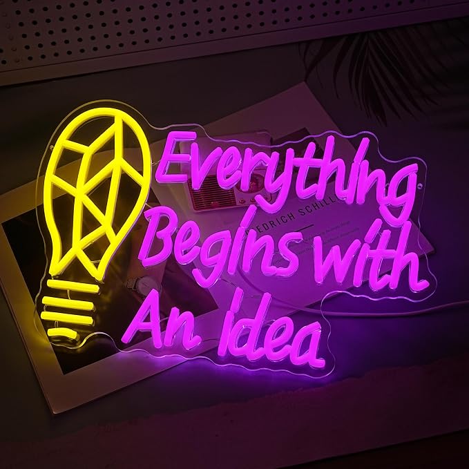 LISIGNVE Inspirational Light Bulb Neon Sign Everything Begins With An Idea LED Neon Light Wall Art for Classroom Creative Room Office Bedroom Cafe Motivational Gift for Student Entrepreneurs Writers Artists