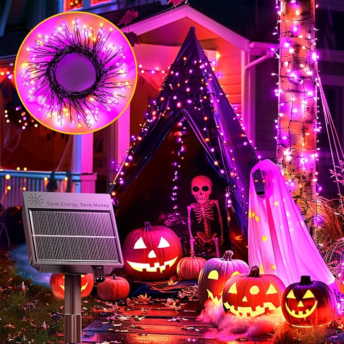 240 LED Solar Halloween Lights Outdoor Waterproof IP65, 20FT 8 Light Modes | Halloween Solar Lights Outdoor Solar Halloween String Lights Outdoor Twinkle Fairy Light Garland Decorations, Orange Purple