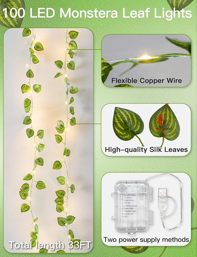 33FT Watermelon Vines with Lights Battery&USB Powered Copper Wire | 100Led Leaves String Lights with Remote,Artificial Plants for Indoor, Bedroom,Wall,Party Tropical,Dorm Decor(Warm White)