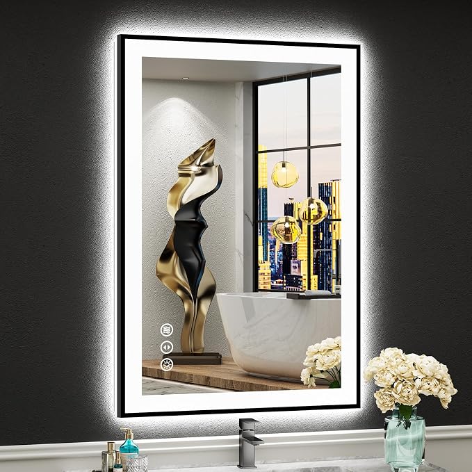 24x36 Black LED Bathroom Mirror, Backlit & Front Lit Lighted Mirror | Metal Framed Anti-Fog Vanity Mirror with Lights, 3 Color Dimmable, Memory, Tempered Glass, CRI95, IP54, Horizontal/Vertical