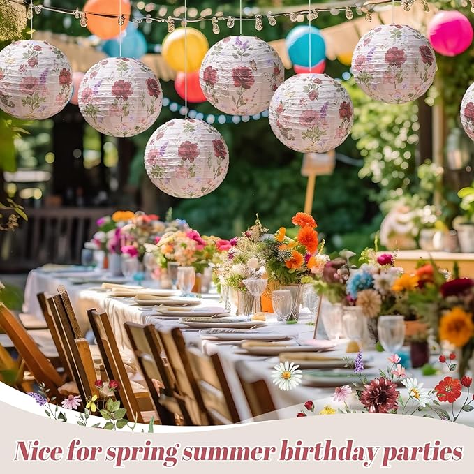 Honoson 12 Pcs Rose Paper Lanterns Tea Party Decorations Spring Floral Rose Flower Birthday Party Decorations 10 Inch Hanging Round Paper Lanterns for Wedding Bridal Shower Baby Shower