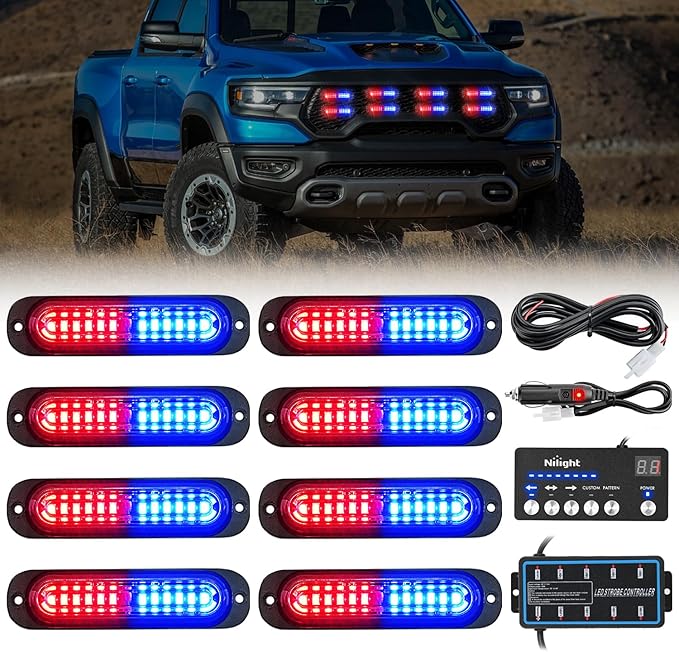 Nilight 8PCS Led Strobe Lights with Controller 12V 24V Sync Feature Red Blue Strobe Light 12 LED Surface Mount Emergency Hazard Warning Lights with Strobe Controller for Vehicle Car Truck RV ATV