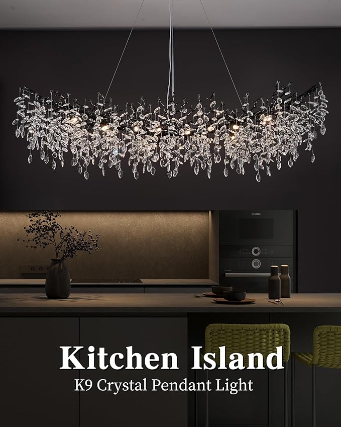 Modern Crystal Chandelier for Dining Room, 16-Light 55.12" Black Tree Branch Chandeliers, Luxury K9 Crystal Rectangular Chandeliers for Kitchen Island Living Room