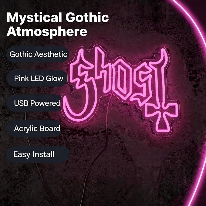 Ghost Neon Sign, Pink Neon Sign,Music Decor | Acrylic, Wall Mount, Gaming Theme, Contemporary Style, 12.2x16.5IN