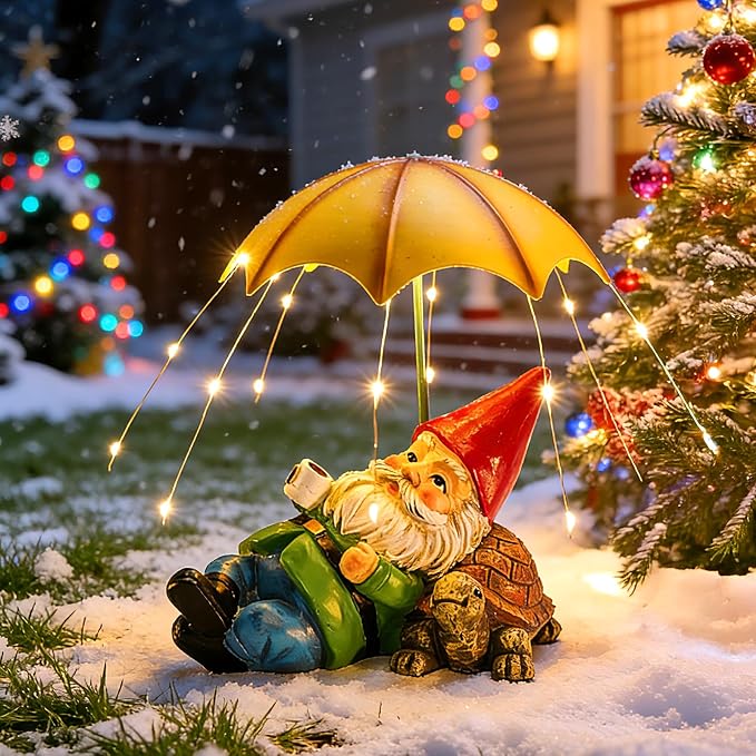 Brightown Solar Garden Decor Gnome Statue Light with 32 LED Lights, Gnome with Umbrella, Hand-Painted Resin, IP65 Waterproof Outdoor Decor for Patio, Balcony & Yard Decorations, Unique for Mom