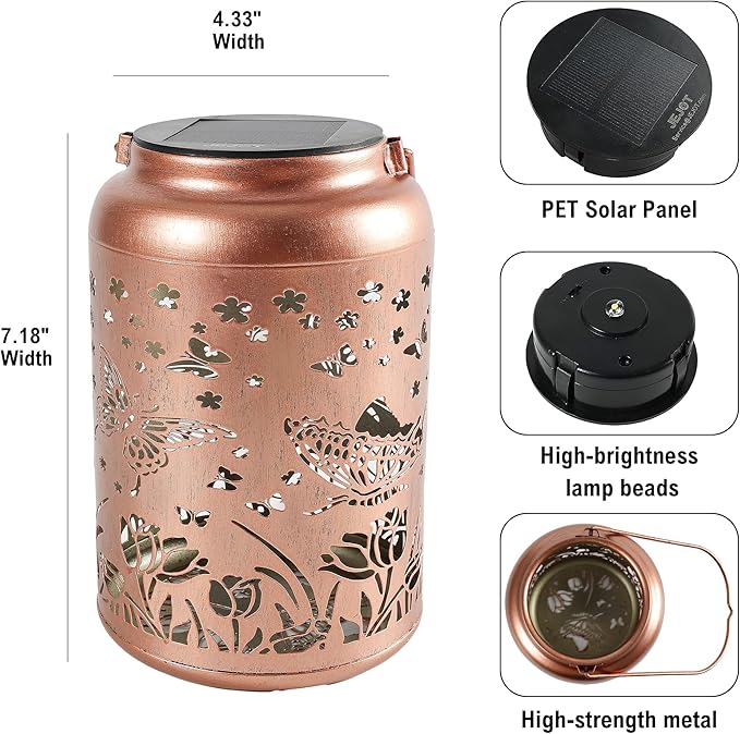 Solar Lanterns Outdoor Waterproof,Butterfly Solar Lantern Gift for Women Girl Mom Grandma,Valentine Gifts,Metal Hanging Solar Lantern for Yard,Garden,Porch Landscape Deconrations-1 Pack