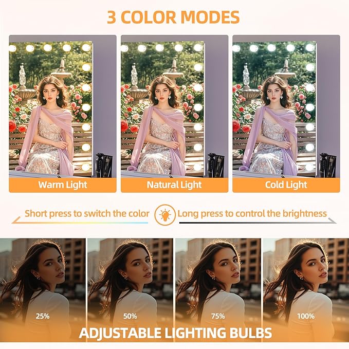 FENCHILIN Large Vanity Mirror with Lights 39''x32'', Backlit & Front Lit 20 LED Lighted Hollywood Vanity Makeup Mirror 3 Color Modes, Dimmer & Memory Function, Vanity Desktop/Wall-Hanging
