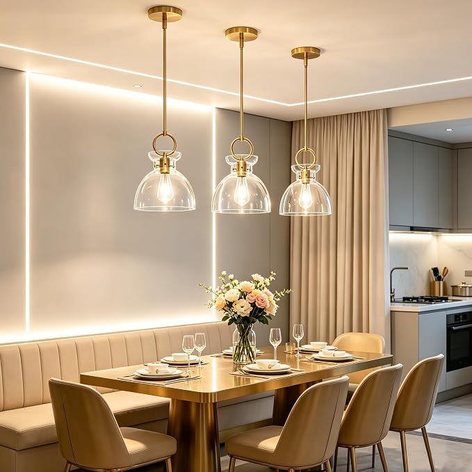 Gold Pendant Light Kitchen Island with 9.84'' Clear Glass Shade | Modern Pendant Lighting Over Sink, Adjustable Hanging Ceiling Light, E26 Dimmable Hardwired for Dining Room Hallway, 1-Pack