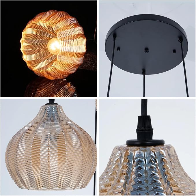 Modern 3 Lights Glass Pendant Light Amber Striped Glass Globe Cluster Chandelier Lighting Fixtures Matte Black Adjustable Kitchen Island Hanging Pendant Lighting Nordic Multi Lights Pendant Lamp