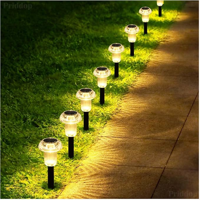 Priddop 8 Pack Solar Garden Lights Outdoor Waterproof 3000K Warm White LED | Auto On/Off Mushroom Stake Lights for Yard Patio Lawn Driveway Walkway Pathway Decor, Acrylic/ABS Landscape Path Lights